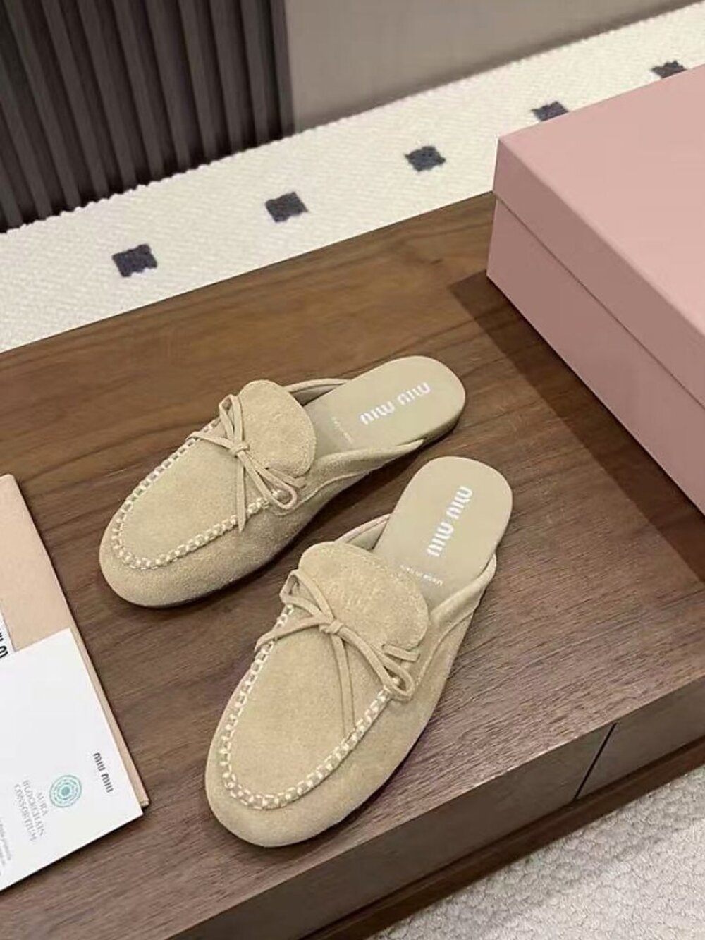 Miu Miu Beige Suede Bow Backless Loafer Mules
